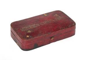 MINER'S COMPANION: Mid 19th century gold scales in red leather fitted case with embossed gilt lettering. Width 18.5cm, depth10.5cm, height 4cm