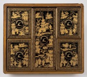 An antique Chinese export ware lacquered box with gilt decorated finish, bearing family crest with the motto "IN VERO RIGHT", interior handsomely fitted with five lidded compartments also beautifully decorated in the chinoiserie style and bearing the same - 4