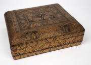 An antique Chinese export ware lacquered box with gilt decorated finish, bearing family crest with the motto "IN VERO RIGHT", interior handsomely fitted with five lidded compartments also beautifully decorated in the chinoiserie style and bearing the same - 6