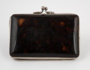 An antique tortoise shell bi-fold calling card case inlaid with silver decoration and lined in magenta silk with compartments, 19th century, 9cm wide. - 2