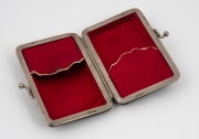 An antique tortoise shell bi-fold calling card case inlaid with silver decoration and lined in magenta silk with compartments, 19th century, 9cm wide. - 3