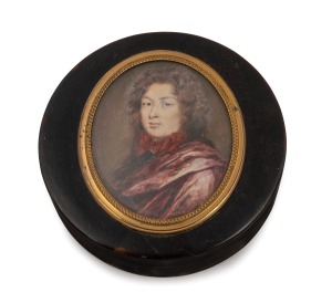 An antique circular tortoise sell box adorned with a fine quality oval miniature hand-painted portrait of SIR THOMAS GIBSON surrounded by rose gold mount, the base additionally trimmed in rose gold, and bearing paper inscription under the lid, 18th/19th century, 8cm diameter.