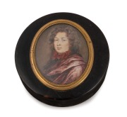 An antique circular tortoise shell box adorned with a fine quality oval miniature hand-painted portrait of SIR THOMAS GIBSON surrounded by rose gold mount, the base additionally trimmed in rose gold, and bearing paper inscription under the lid, 18th/19th 