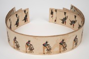 ZOETROPE rare antique pre-film animation device on original oak stand with a handsome selection of seventeen double sided lithograph animation strips, 19th century. Note: In working order. 38cm high, 30cm diameter. - 2