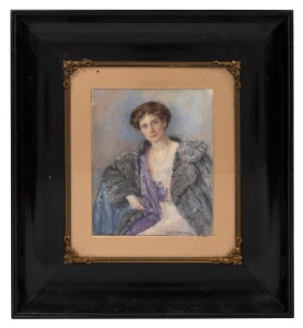 An antique hand-painted miniature portrait of a lady, executed on ivory, signed lower right "Enid Stoddard, '22", attractively displayed in original frame and mounting, 13 x 10.5cm, 27 x 24cm overall.