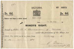 MINER'S RIGHT: Group of seven (2s. 6d.) Victorian issue &nbsp;from the district of Ballarat to Ellen Kersteen Rasmussen. Early 20th century c1920/30s