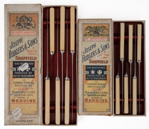 JOSEPH RODGERS & SONS box set of six dinner knives with ivory handles, together with a boxed set of entree knives also with ivory handles, 19thj/20th century.