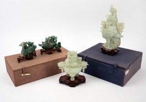 Three Chinese carved jade ornaments, 20th century, the lidded pot 16cm high overall.