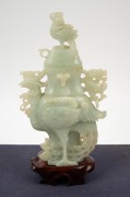 Three Chinese carved jade ornaments, 20th century, the lidded pot 16cm high overall. - 2