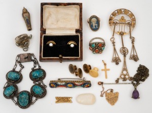 Antique and vintage jewellery, buttons and studs, including 9ct gold and silver, (qty)