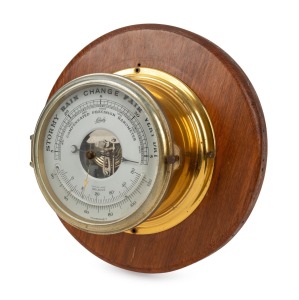 SCHATZ German compensated precision barometer thermometer, mounted on circular timber board, mid 20th century, 26cm diameter overall.