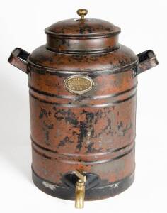 A rare hot water urn by "John Holloway & Sons Manufacturers of Ballarat". Holloway arrived in Melbourne& pushed a wheelbarrow of tools to Ballarat in 1854 to start his tin smith business. 52cm