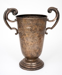 THE JOHORE CHALLENGE CUP antique sterling silver two handled trophy cup, engraved "Presented to the Barnehurst Gold Club by Wm. M. D. Pell, 1910", 23cm high, 580 grams.