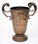 THE JOHORE CHALLENGE CUP antique sterling silver two handled trophy cup, engraved "Presented to the Barnehurst Golf Club by Wm. M. D. Pell, 1910", 23cm high, 580 grams. - 2