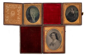 Two antique ambrotype portraits of women (one with hand-coloured finish), together with an antique hand-painted miniature portrait, 19th century, (3 items), the largest 12 x 9.5cm when closed.