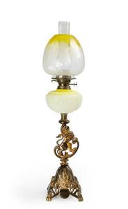 Rampant Lion banquet oil lamp c1880 with original yellow acid etched shade & twin burner. Total height 79cm