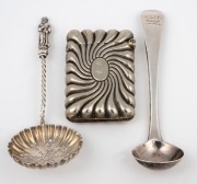 A Georgian sterling silver mustard spoon, made in London circa 1823, together with an antique English sterling silver Apostle sifting spoon, and an antique silver plated vesta, 19th century, (3 items), 25 grams silver weight.