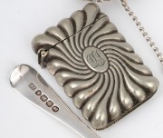 A Georgian sterling silver mustard spoon, made in London circa 1823, together with an antique English sterling silver Apostle sifting spoon, and an antique silver plated vesta, 19th century, (3 items), 25 grams silver weight. - 2
