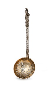 A fine quality antique English heavy gauge sterling silver sifting spoon with classical figural finial and vermeil gilt wash finish, made in London, circa 1872, 14.5cm long, 60 grams.