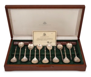 THE BIRMINGHAM MINT sterling silver "Apostle Spoon" set in original canteen with certificate, 1977 limited edition 227/1000, the canteen 45cm wide, 444 grams total.