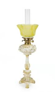 THOMAS WEBB: Banquet oil lamp; Cameo glass original shade with fern motif on porcelain base & font with pierced & applied decoration. Duplex black button double burner with bayonet mount. Height 74cm RARE
