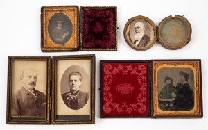 An ambrotype antique photograph of a mother and child in original leather case; together with an ambrotype portrait of a girl in leather case, a husband and wife diptych carte-de-visite photo display and an antique albumen photograph of a bearded gent hou