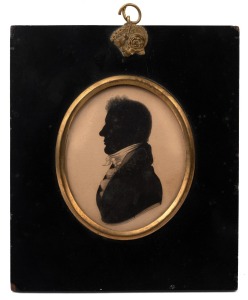 A Georgian miniature profile silhouette in original frame, bearing paper label verso "J. DIMMOCK, Profile Painter, Melville Place, 132, Trongate, Glasgow, August 1808", 14.5 x 12.5cm overall.