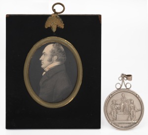 JAMES SMITH (1789-1850), famed Scottish inventor of the 1813 type corn reaping machine, profile portrait miniature and a silver medallion engraved "To James Smith Esq. Deanston From The Highland Society of Scotland" (54 grams), (2 items), the portrait 13 x 11cm overall.