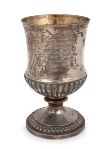 JAMES SMITH (1789-1850), famed Scottish inventor of the 1813 type corn reaping machine, sterling silver presentation chalice engraved "To James Smith Esq. of The Deanston Works, From The Members of Gargunnock Farmer Club As A Small Tribute To His Merit For Having Invented The Reaping Machine, 1816", 15.5cm high, 293 grams.