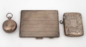 An antique sterling silver vesta, sovereign case and cigarette case, 19th and 20th century, (3 items), 129 grams total.