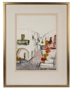 ARTIST UNKNOWN, (Santorini street scene), watercolour and ink on paper, signed lower right (illegible), 36 x 26cm, 55 x 43cm overall.