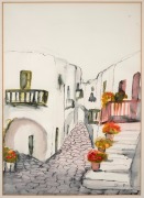 ARTIST UNKNOWN, (Santorini street scene), watercolour and ink on paper, signed lower right (illegible), 36 x 26cm, 55 x 43cm overall. - 2
