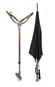 An antique English umbrella with sterling silver mounts, together with a vintage shooting stick, 19th/20th century, (2 items), 90cm and 84cm high.