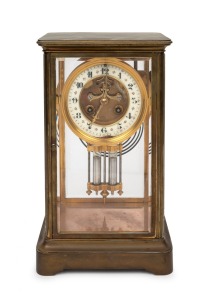An antique French four glass library regulator clock in brass case with eight day time and strike movement, open escapement, mercury pendulum and Arabic numerals, 19th century, 30cm high.