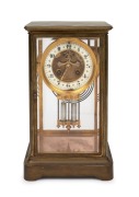An antique French four glass library regulator clock in brass case with eight day time and strike movement, open escapement, mercury pendulum and Arabic numerals, 19th century, 30cm high.