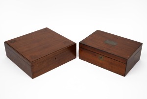 An antique mahogany sewing box fitted with scarlet leather topped compartments; together with an antique timber games boxes fitted with assorted playing cards and attractive Snugglepot and Cuddlepie score book, 19th/20th century, (2 items), the larger 26c