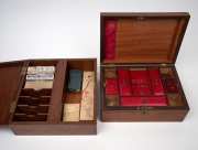 An antique mahogany sewing box fitted with scarlet leather topped compartments; together with an antique timber games boxes fitted with assorted playing cards and attractive Snugglepot and Cuddlepie score book, 19th/20th century, (2 items), the larger 26c - 2