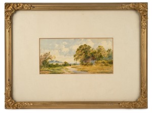 ARTIST UNKNOWN, (cottage scene with figure in landscape), watercolour, 12 x 24cm, 37 x 48cm overall.