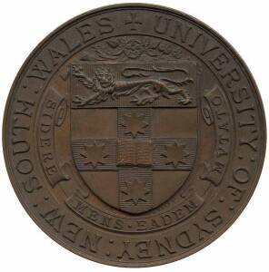 N.S.W. UNIVERSITY OF SYDNEY in bronze (50mm); PLUS, "Head of the River" Cambridge university c1927 in sterling silver (50mm). Both boxed.