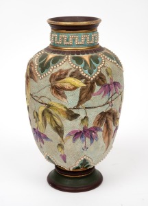 DOULTON LAMBETH pottery vase with hand-painted fuchsias and pearl beaded decoration, impressed factory mark to base with artist's monogram, 22.5cm high.