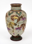 DOULTON LAMBETH pottery vase with hand-painted fuchsias and pearl beaded decoration, impressed factory mark to base with artist's monogram, ​​​​​​​22.5cm high.