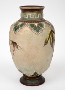 DOULTON LAMBETH pottery vase with hand-painted fuchsias and pearl beaded decoration, impressed factory mark to base with artist's monogram, ​​​​​​​22.5cm high. - 2