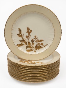 CROWN DERBY twelve "Harrow" pattern antique English porcelain dessert plates with gilt floral decoration, 19th century, factory marks to base, 22cm diameter.