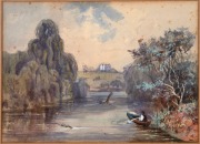 ARTIST UNKNOWN, (boating scene landscape), watercolour, ​​​​​​​26 x 36cm, 47 x 57cm overall. - 2