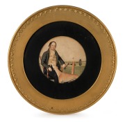 ARTIST UNKNOWN, (portrait of James Smith Esq. with his famed reaping machine) watercolour, bearing pencil inscriptions verso, 18.5cm diameter, 40cm diameter overall.