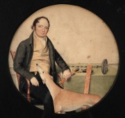 ARTIST UNKNOWN, (portrait of James Smith Esq. with his famed reaping machine) watercolour, bearing pencil inscriptions verso, 18.5cm diameter, 40cm diameter overall. - 2