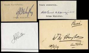 AUSTRALIAN PRIME MINISTERS: Signed pieces of William Hughes, Robert Menzies, Ben Chifley & John Gorton; plus signed letter of Gough Whitlam.