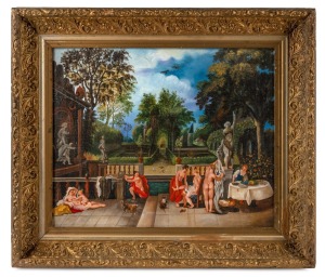 ARTIST UNKNOWN (European School), (courtyard bathing scene), oil on canvas (relined), ​​​​​​​39 x 49cm, 55 x 65cm overall.