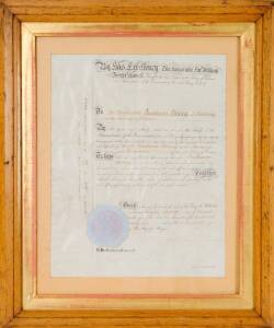 Government Appointment of the Honorable Graham Berry to become Premier & Treasurer of the Colony of Victoria in 1875, signed by Graham Berry & Sir William Foster Stawell Chief Justice of the Colony of Victoria. Bind embossed seal, mounted & framed. 35 x 4