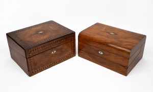 Two antique English walnut writing boxes with parquetry inlay and mother of pearl decoration, 19th century, the larger 30cm wide.